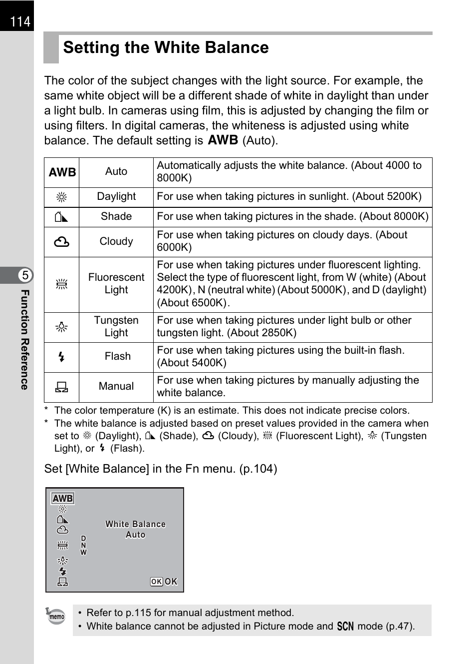 Setting the white balance, E (p.114), P.114) | P.114 | Pentax * istDL2 User Manual | Page 116 / 215