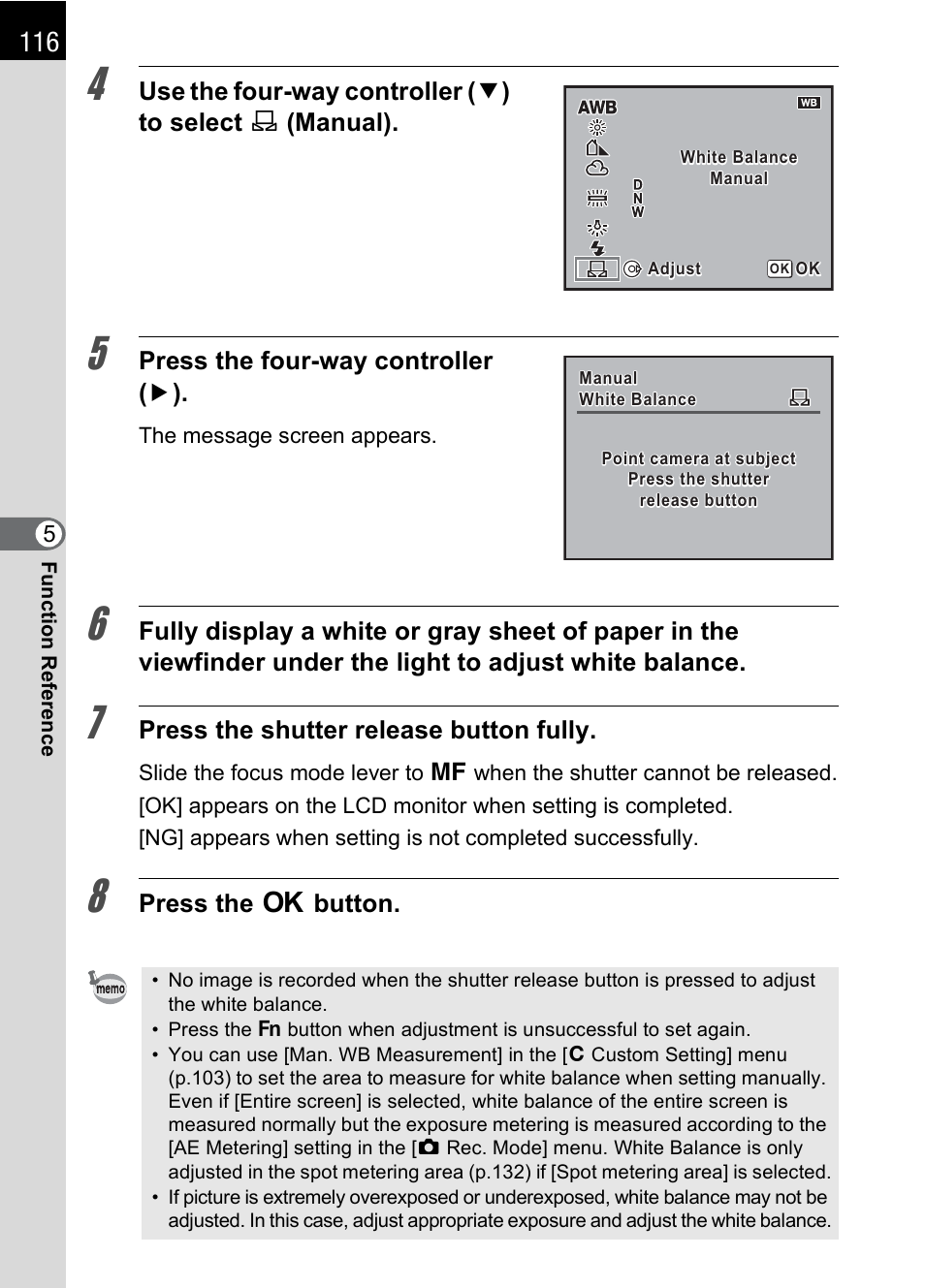 Press the four-way controller ( 5 ), Press the shutter release button fully, Press the 4 button | Pentax * istDL2 User Manual | Page 118 / 215