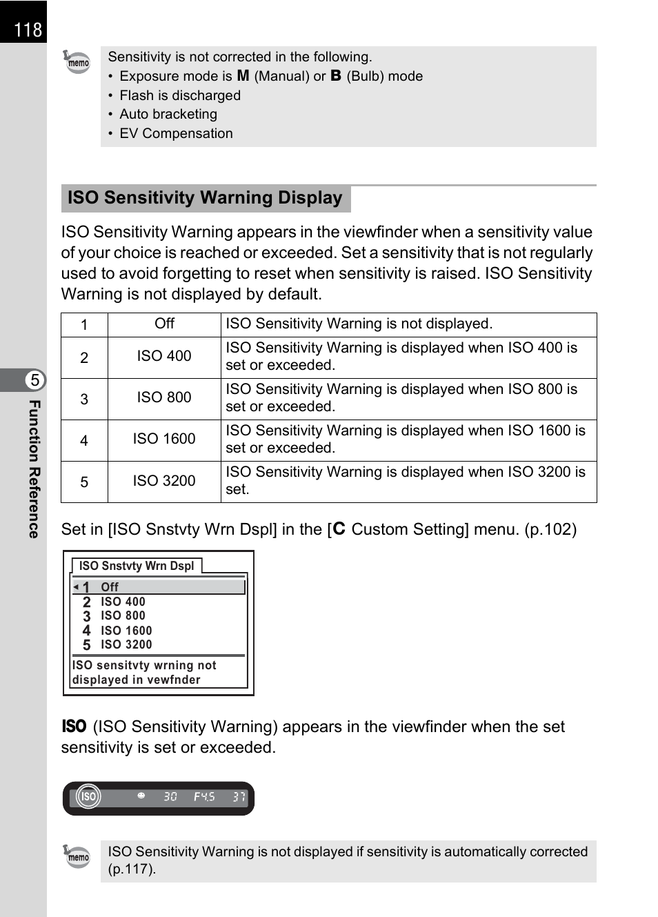 Ng (p.118, P.118, Iso sensitivity warning display | Pentax * istDL2 User Manual | Page 120 / 215