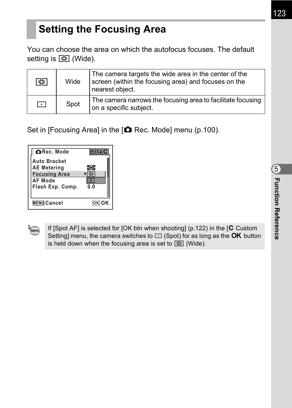 Setting the focusing area, P.123), P.123 | Pentax * istDL2 User Manual | Page 125 / 215