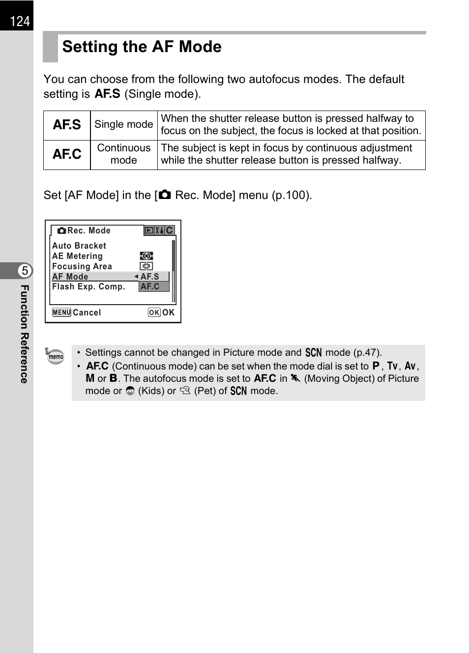 Setting the af mode, P.124, P.124) | Pentax * istDL2 User Manual | Page 126 / 215