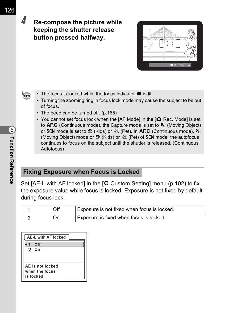 P.126, Fixing exposure when focus is locked | Pentax * istDL2 User Manual | Page 128 / 215