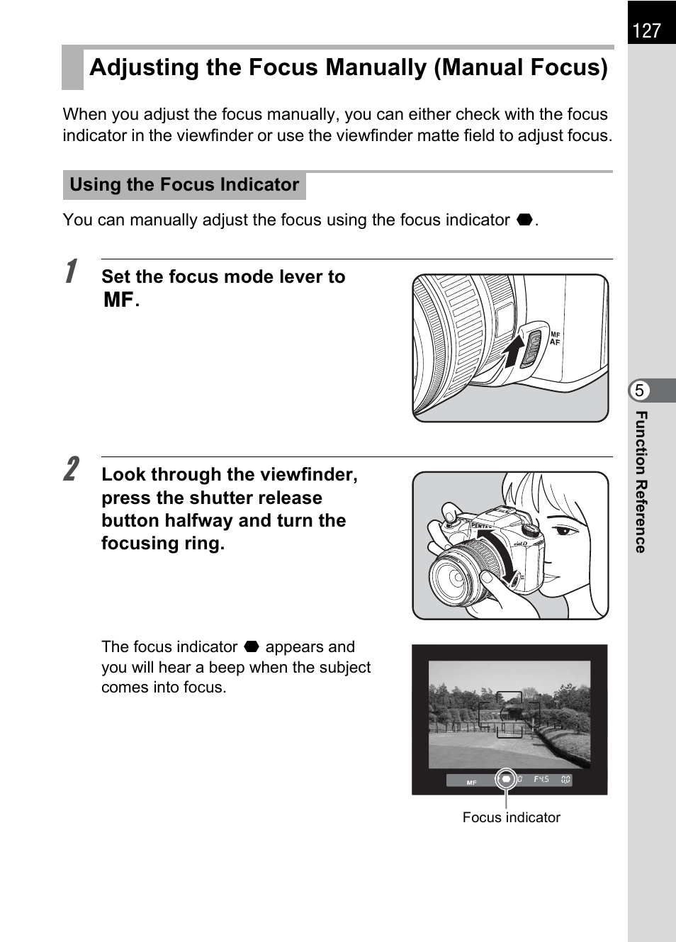 Adjusting the focus manually (manual focus), P.127), P.127 | Pentax * istDL2 User Manual | Page 129 / 215