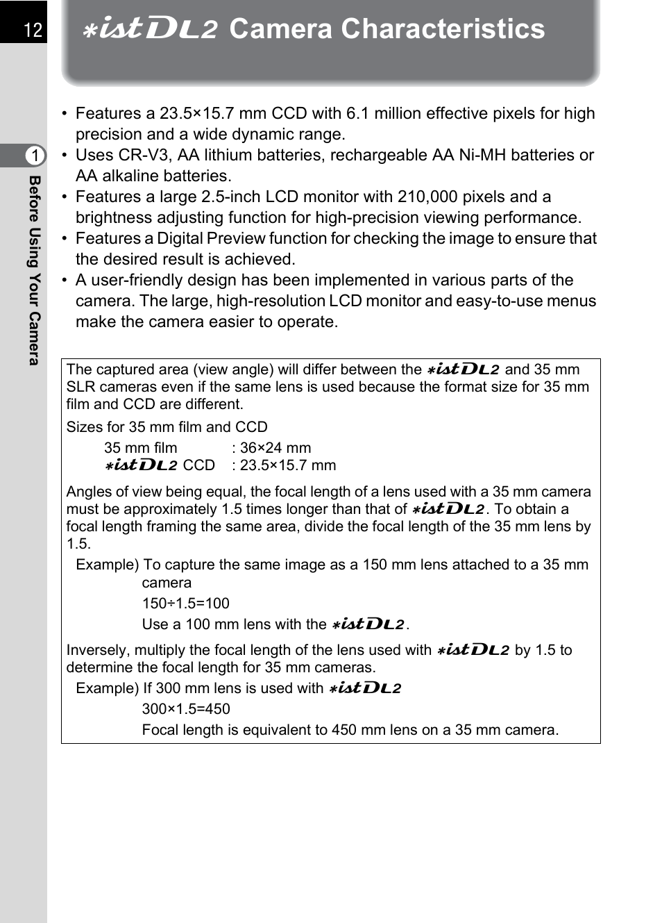Istdl2 camera characteristics, Camera characteristics, Fcamera characteristics | Pentax * istDL2 User Manual | Page 14 / 215