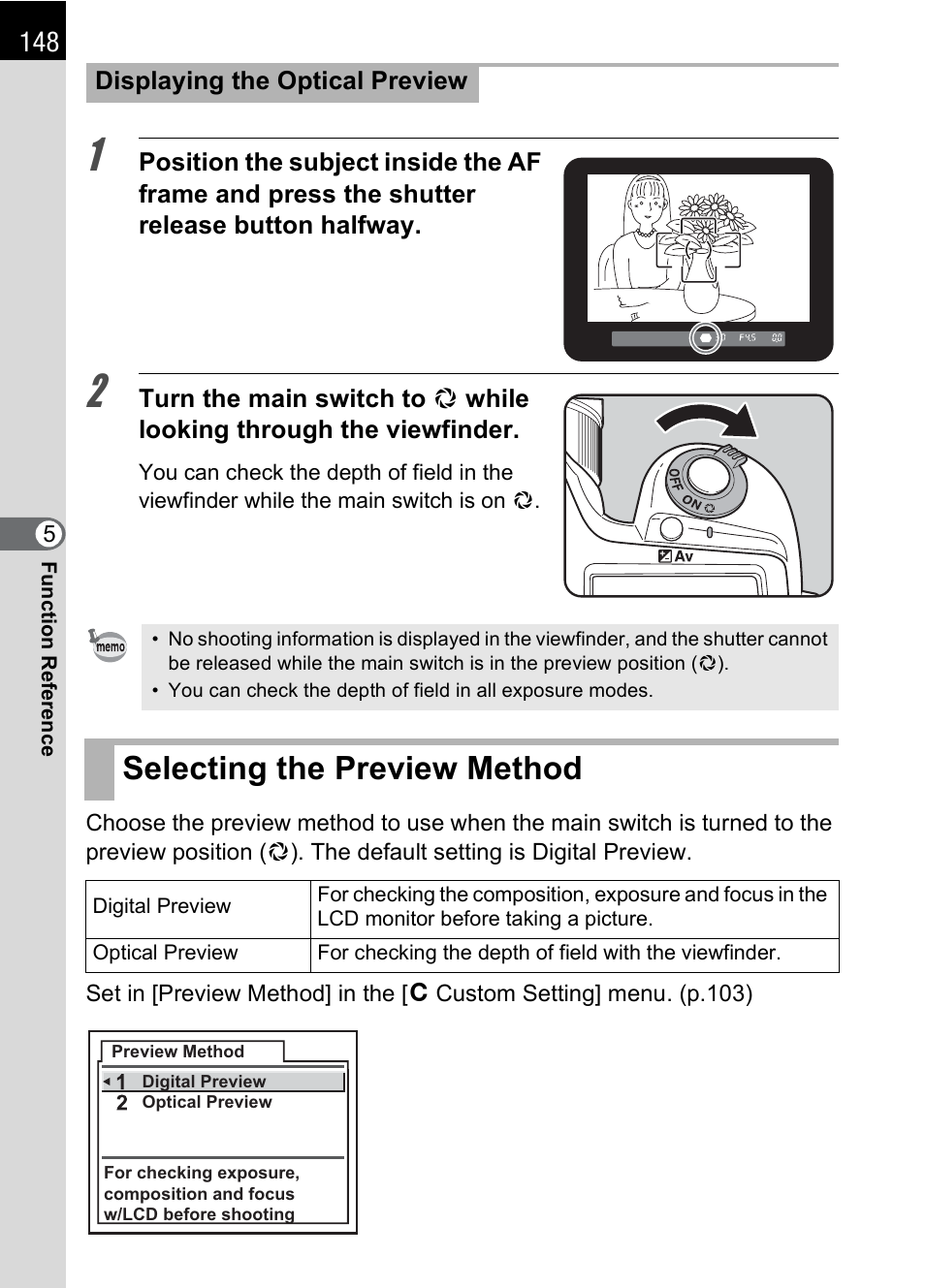 Selecting the preview method, P.148 | Pentax * istDL2 User Manual | Page 150 / 215