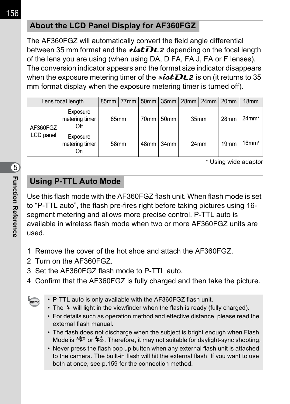 About the lcd panel display for af360fgz, Using p-ttl auto mode | Pentax * istDL2 User Manual | Page 158 / 215