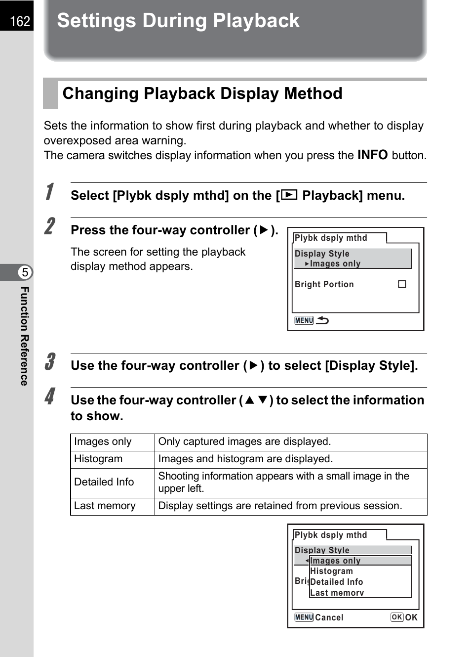 Settings during playback, Changing playback display method, P.162 | P.162) | Pentax * istDL2 User Manual | Page 164 / 215