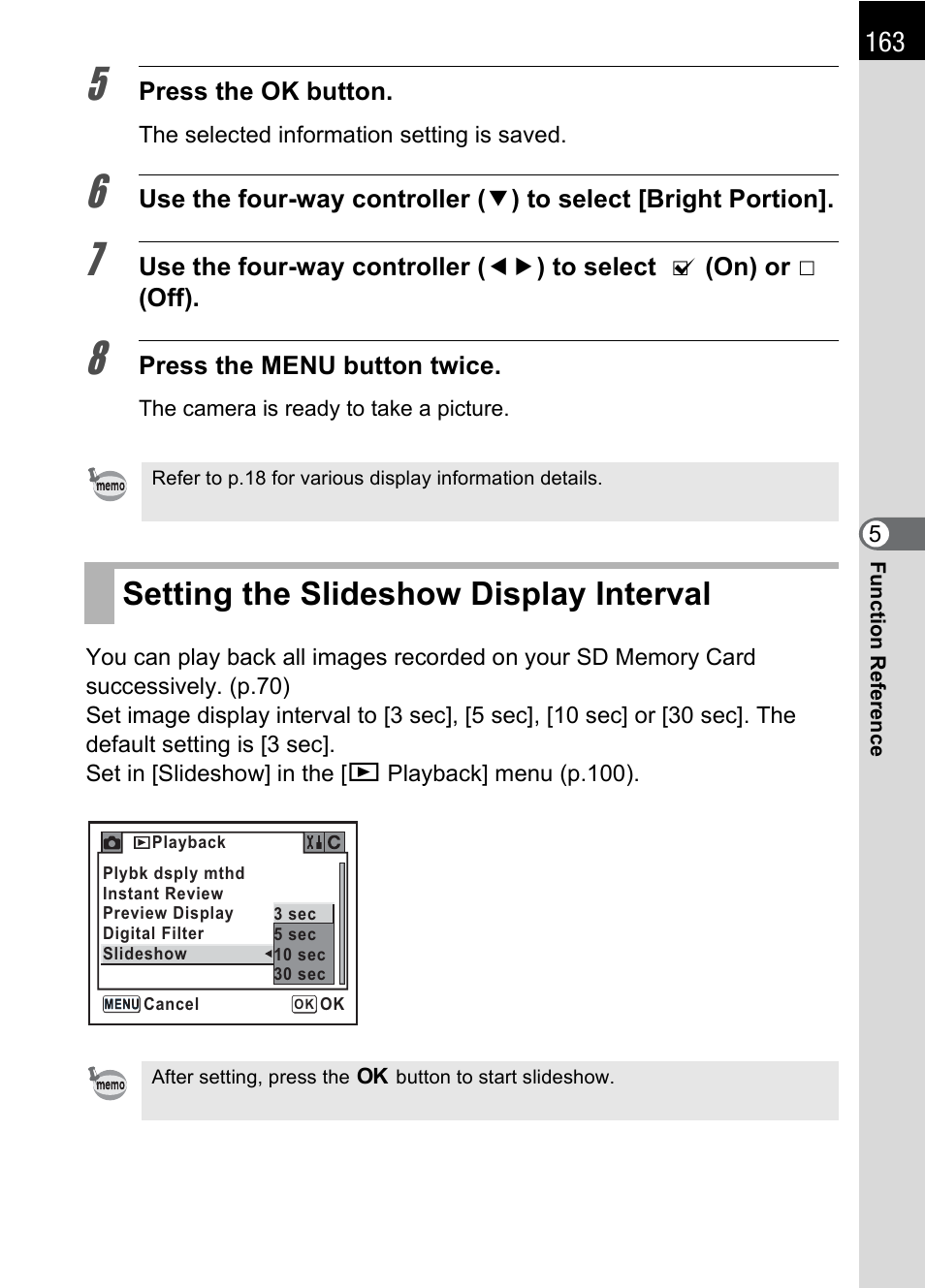 Setting the slideshow display interval | Pentax * istDL2 User Manual | Page 165 / 215