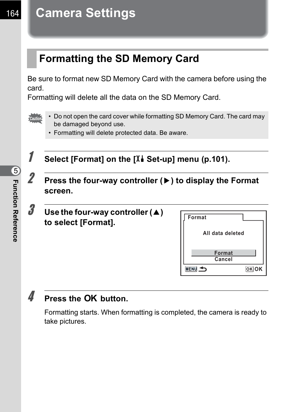 Camera settings, Formatting the sd memory card, P.164 | Pentax * istDL2 User Manual | Page 166 / 215