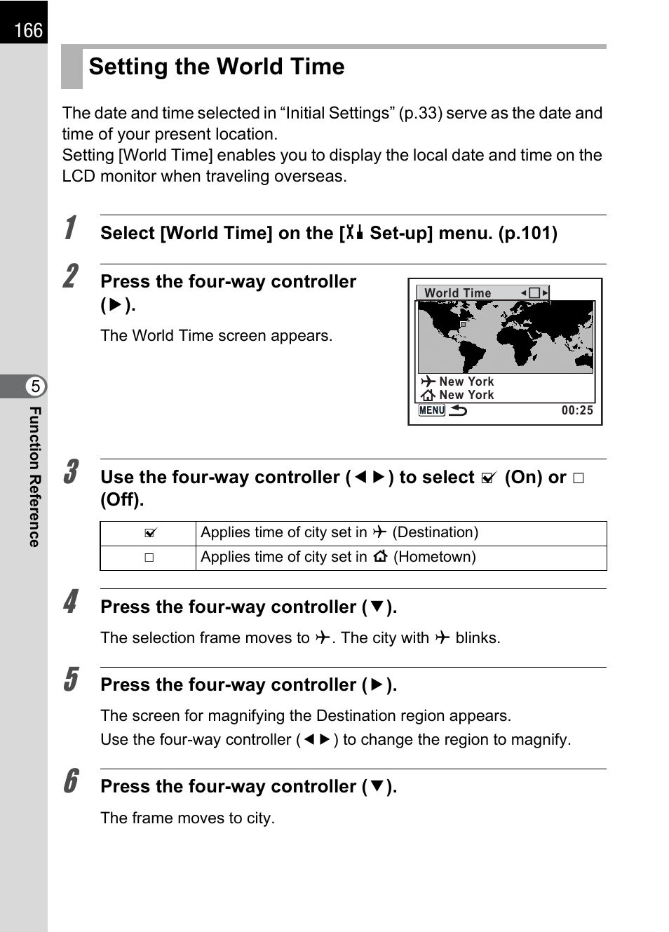 Setting the world time, P.166), P.166 | Pentax * istDL2 User Manual | Page 168 / 215