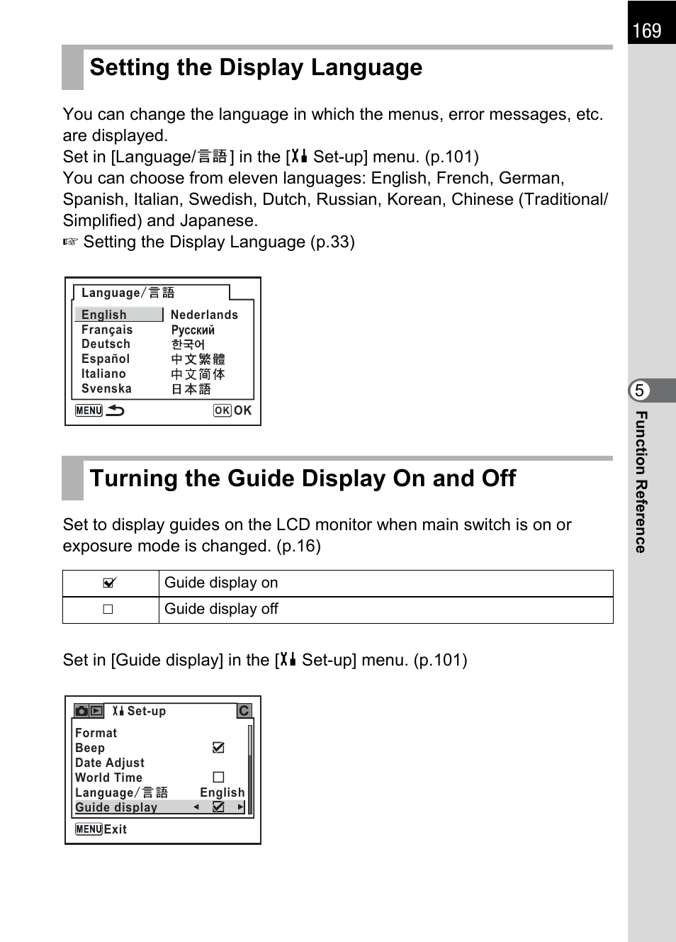 Setting the display language, Turning the guide display on and off, P.169 | Pentax * istDL2 User Manual | Page 171 / 215