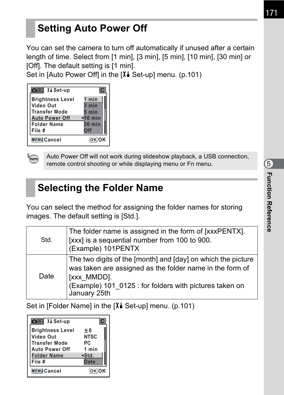 Setting auto power off, Selecting the folder name, Setting auto power off selecting the folder name | Er (p.171, R (p.171, p, P.171 | Pentax * istDL2 User Manual | Page 173 / 215