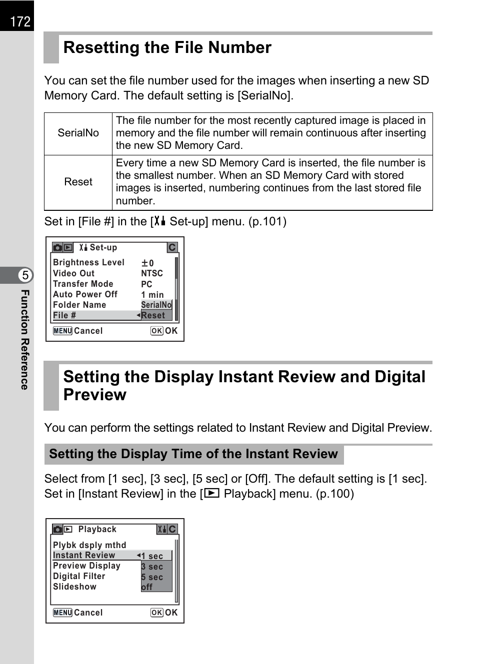 Resetting the file number, Setting the display time of the, Instant review (p.172) | P.172, Setting the display time of the instant review | Pentax * istDL2 User Manual | Page 174 / 215