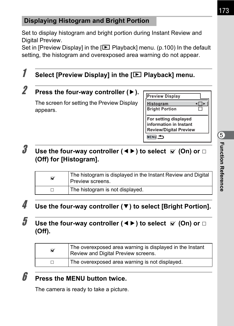 Displaying bright portion (p.173), Histogram display (p.173), P.173 | Pentax * istDL2 User Manual | Page 175 / 215