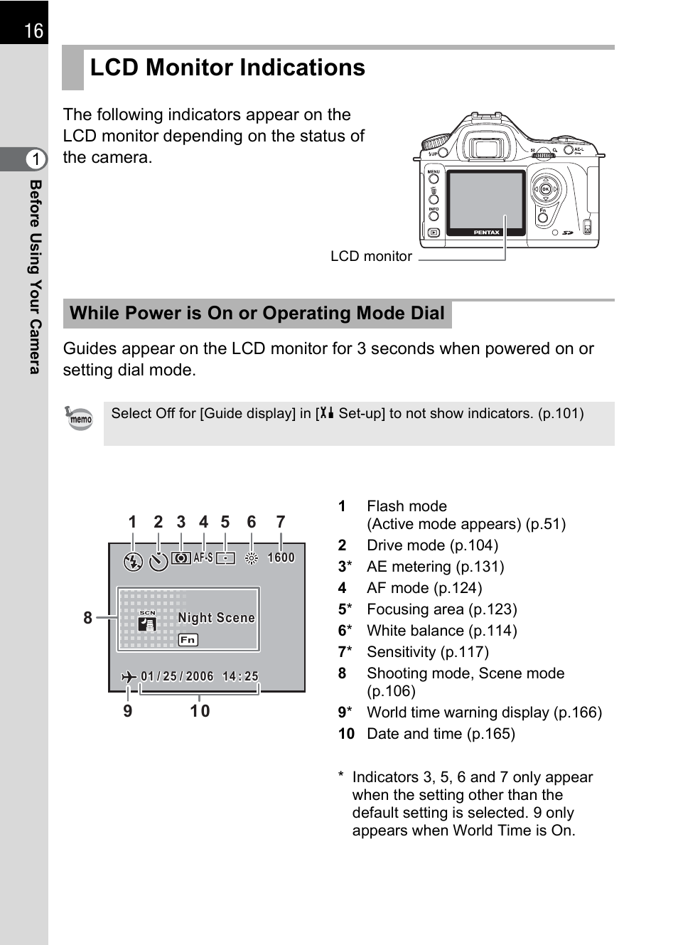 Lcd monitor indications, While power is on or operating mode dial | Pentax * istDL2 User Manual | Page 18 / 215