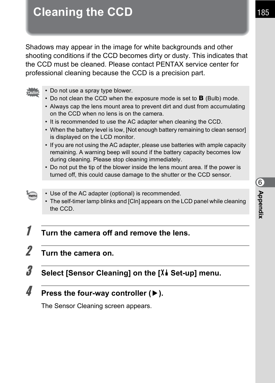 Cleaning the ccd, P.185 | Pentax * istDL2 User Manual | Page 187 / 215