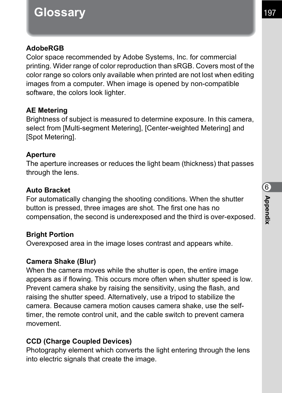 Glossary | Pentax * istDL2 User Manual | Page 199 / 215