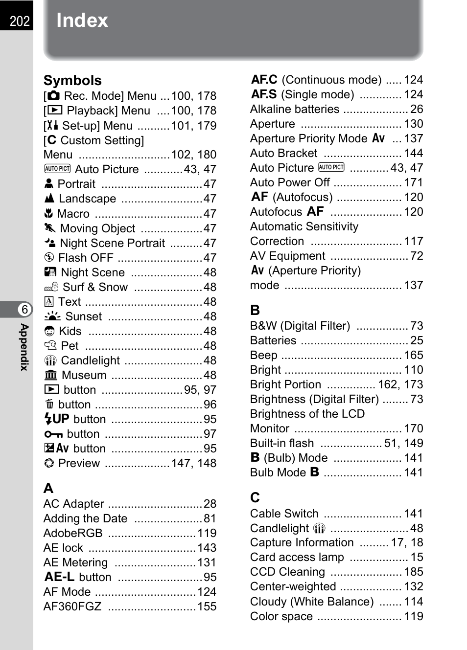 Index, Symbols | Pentax * istDL2 User Manual | Page 204 / 215