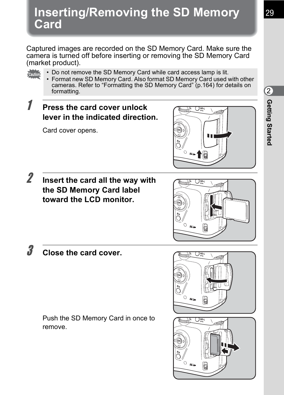 Inserting/removing the sd memory card | Pentax * istDL2 User Manual | Page 31 / 215