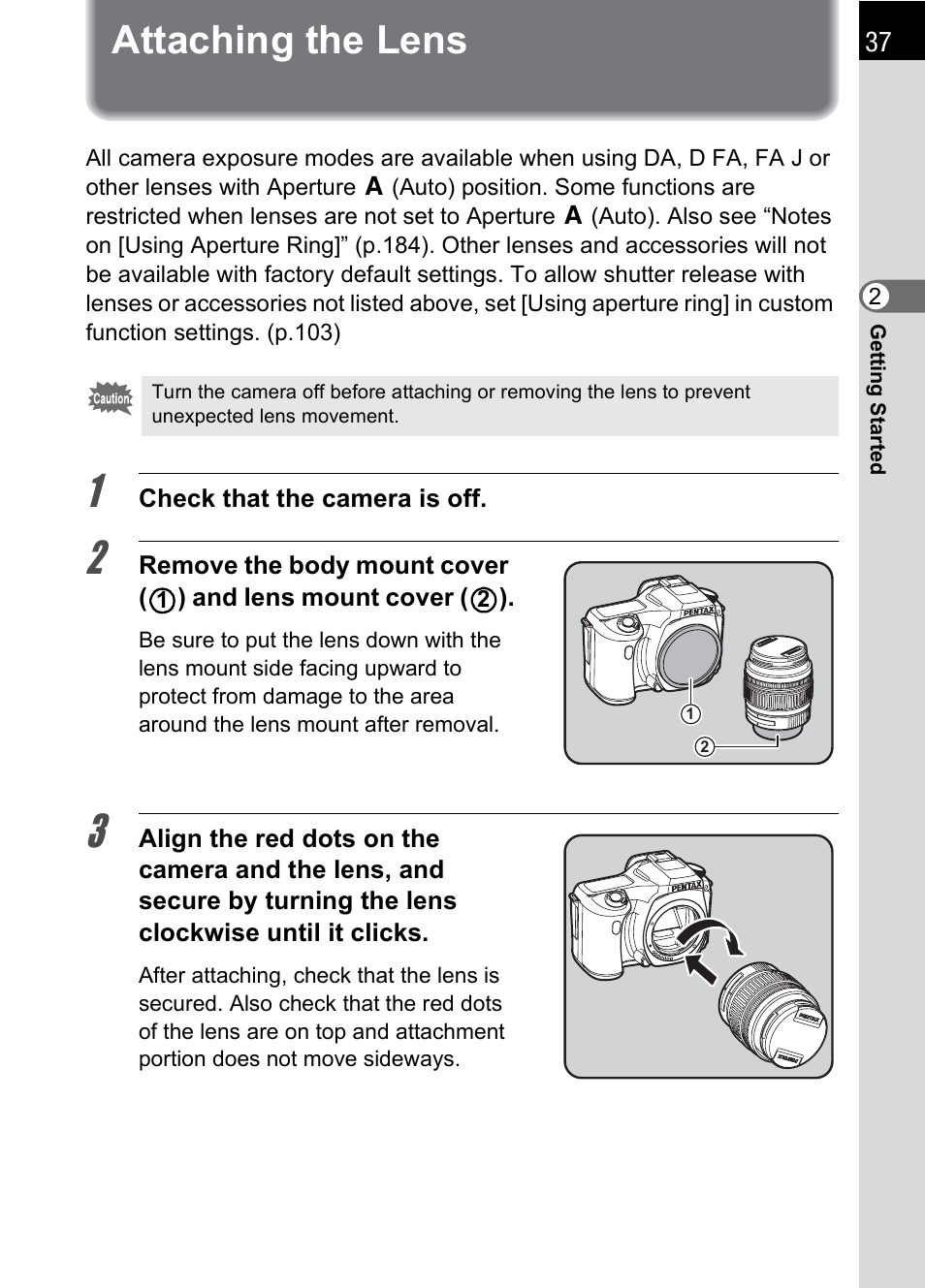 Attaching the lens | Pentax * istDL2 User Manual | Page 39 / 215