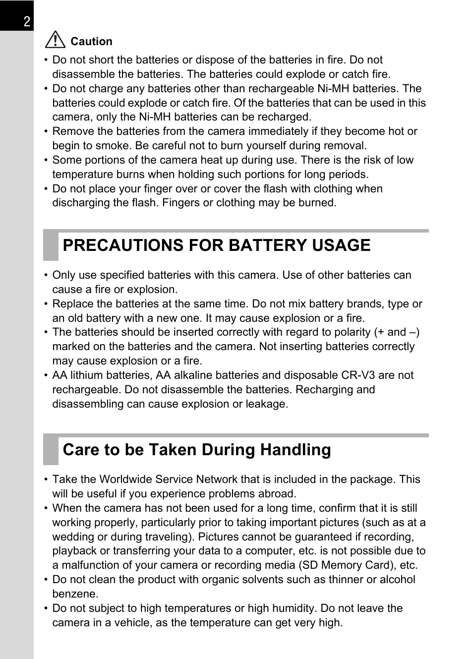 Precautions for battery usage, Care to be taken during handling | Pentax * istDL2 User Manual | Page 4 / 215