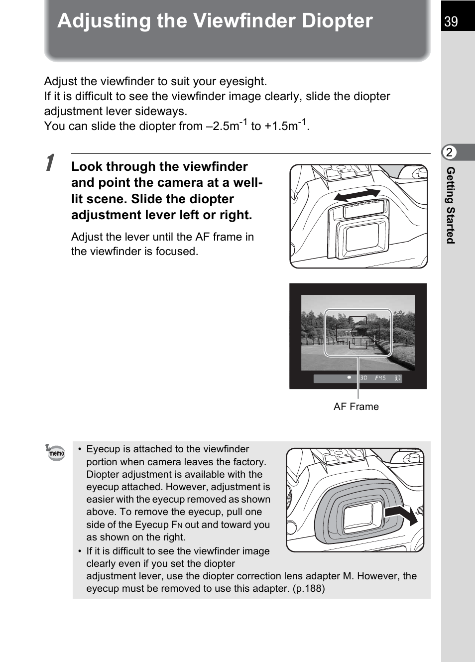 Adjusting the viewfinder diopter, E (p.39) | Pentax * istDL2 User Manual | Page 41 / 215