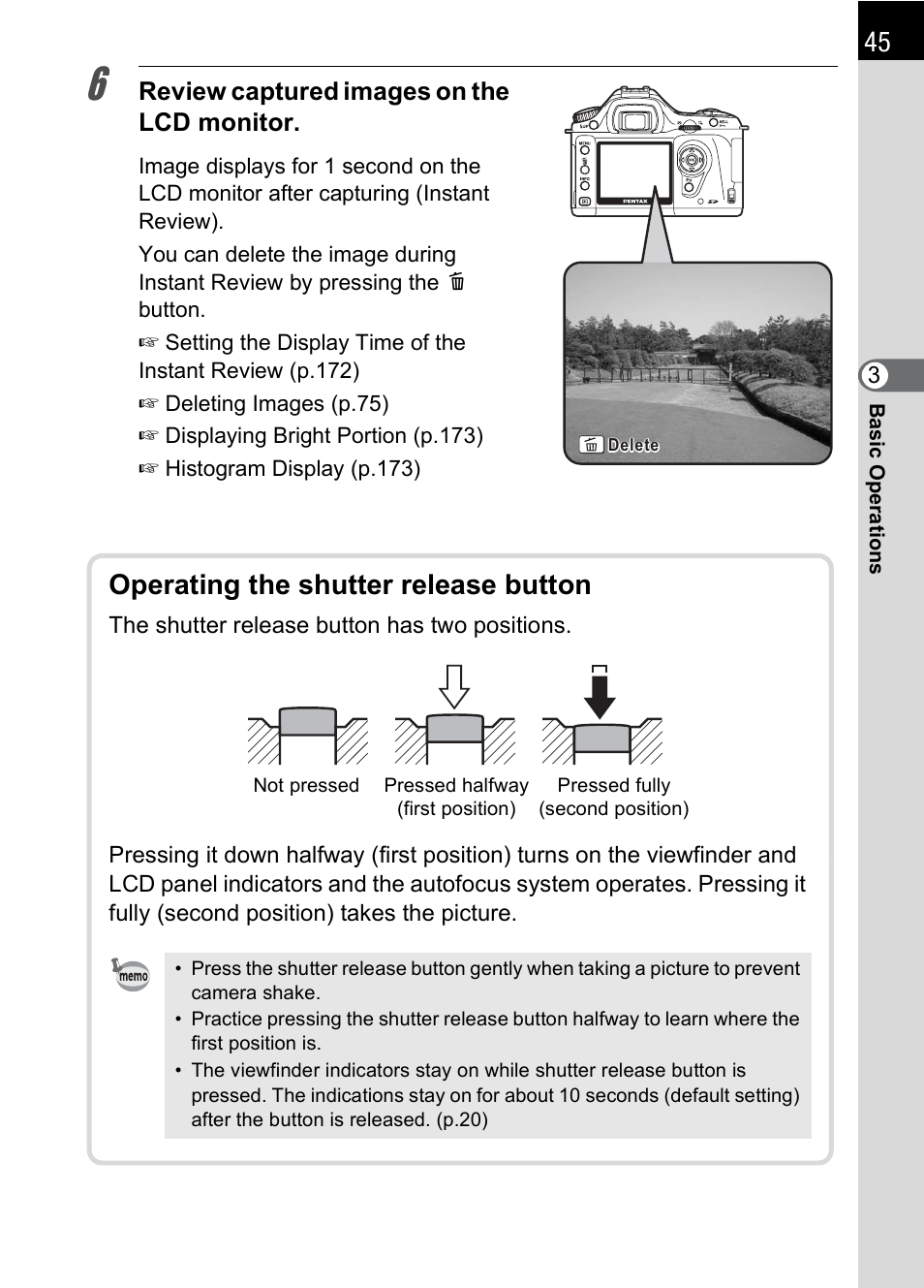 Operating the shutter release button, P.45), Review captured images on the lcd monitor | Pentax * istDL2 User Manual | Page 47 / 215