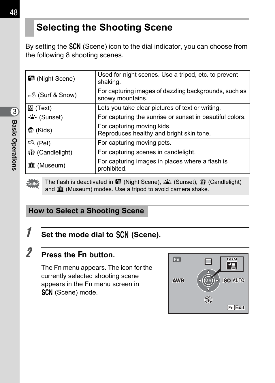 Selecting the shooting scene, Set the mode dial to h (scene), Press the { button | How to select a shooting scene | Pentax * istDL2 User Manual | Page 50 / 215