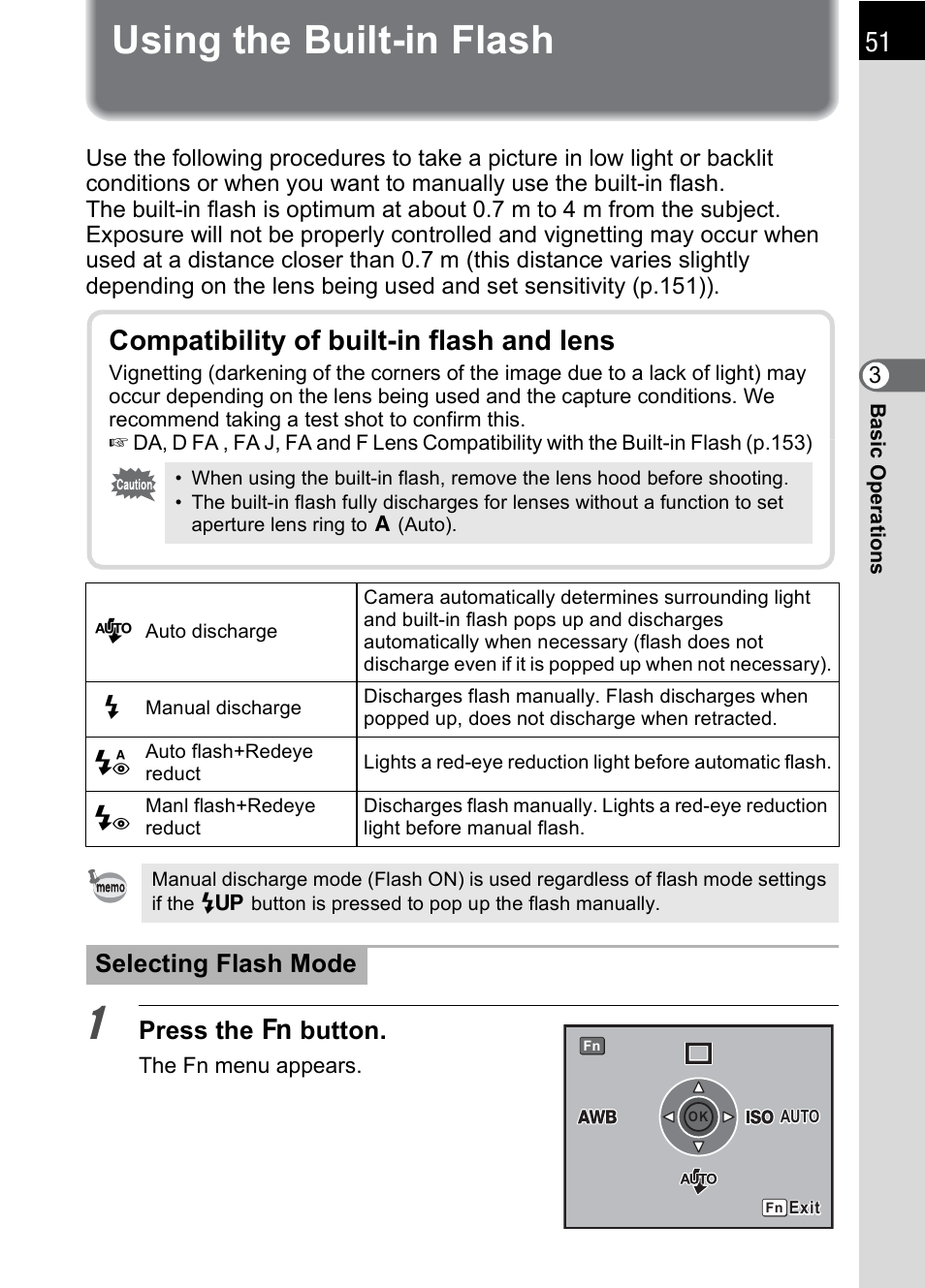 Using the built-in flash, P.51), Using the built-in flash (p.51) | Compatibility of built-in flash and lens, Press the { button, Selecting flash mode | Pentax * istDL2 User Manual | Page 53 / 215