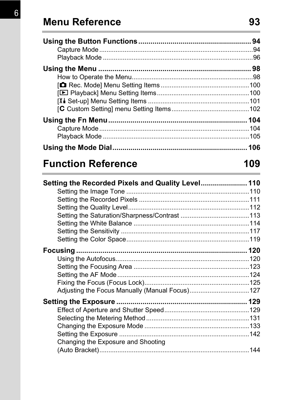 Menu reference 93, Function reference 109 | Pentax * istDL2 User Manual | Page 8 / 215