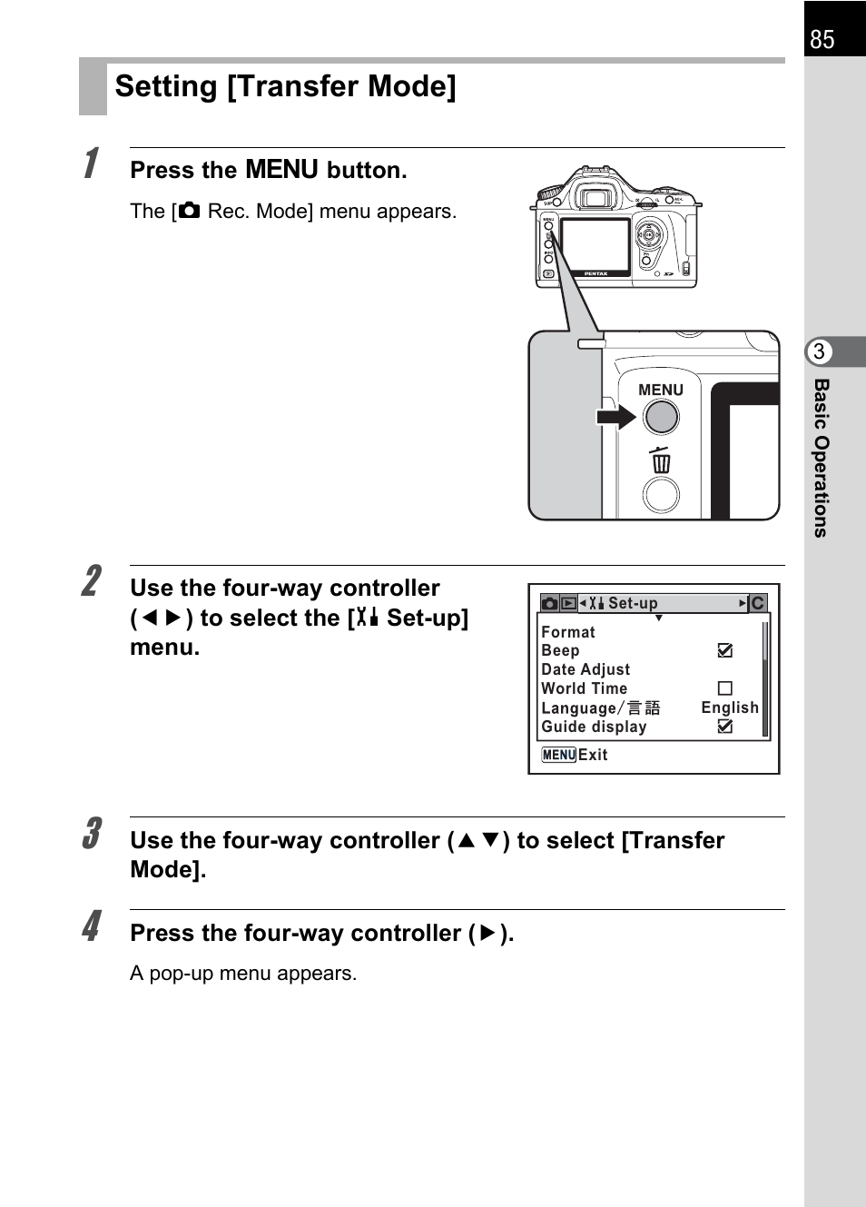 Setting [transfer mode, E] (p.85) | Pentax * istDL2 User Manual | Page 87 / 215