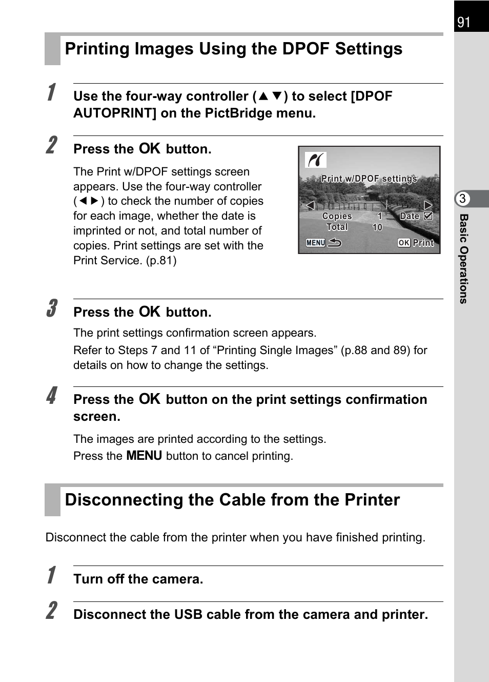 Printing images using the dpof settings, Disconnecting the cable from the printer, P.91) | Pentax * istDL2 User Manual | Page 93 / 215