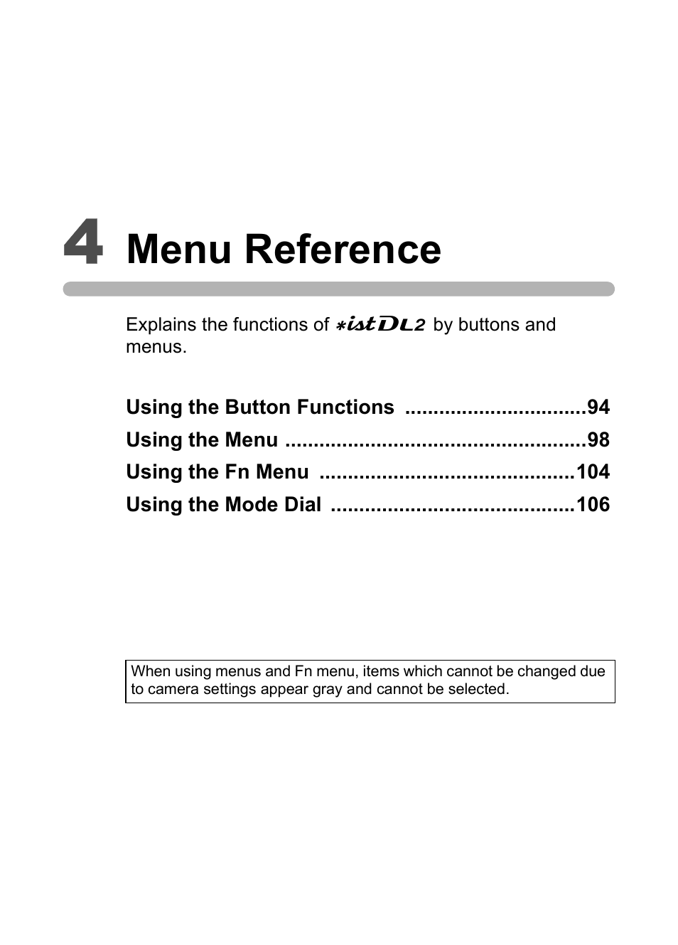 4 menu reference, Menu reference | Pentax * istDL2 User Manual | Page 95 / 215