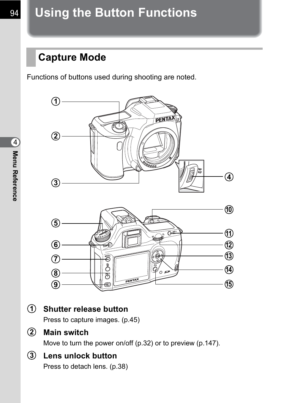 Using the button functions, Capture mode | Pentax * istDL2 User Manual | Page 96 / 215