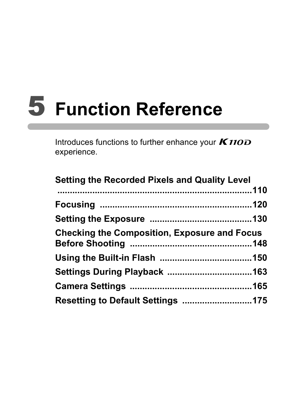 5 function reference, Function reference | Pentax K110D User Manual | Page 111 / 216