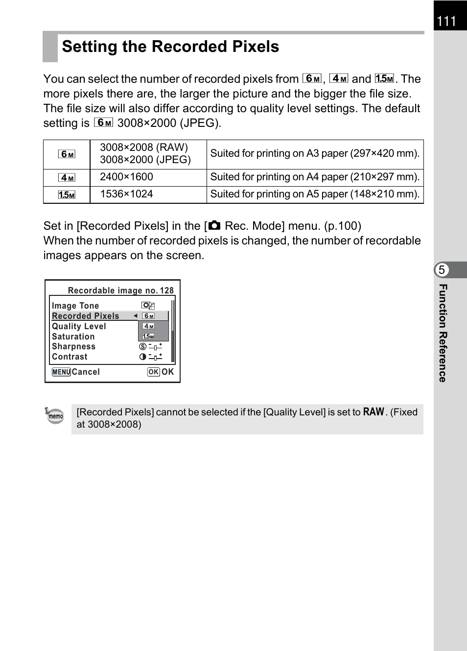 Setting the recorded pixels, P.111), P.111 | Pentax K110D User Manual | Page 113 / 216