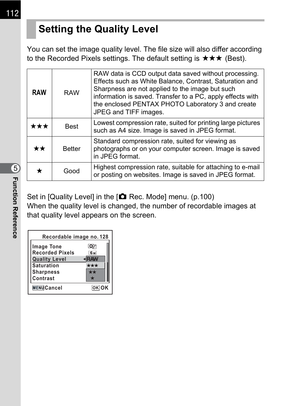 Setting the quality level, L (p.112, P.112) | P.112 | Pentax K110D User Manual | Page 114 / 216