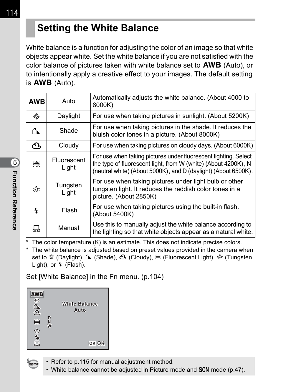 Setting the white balance, E (p.114), P.114) | P.114 | Pentax K110D User Manual | Page 116 / 216