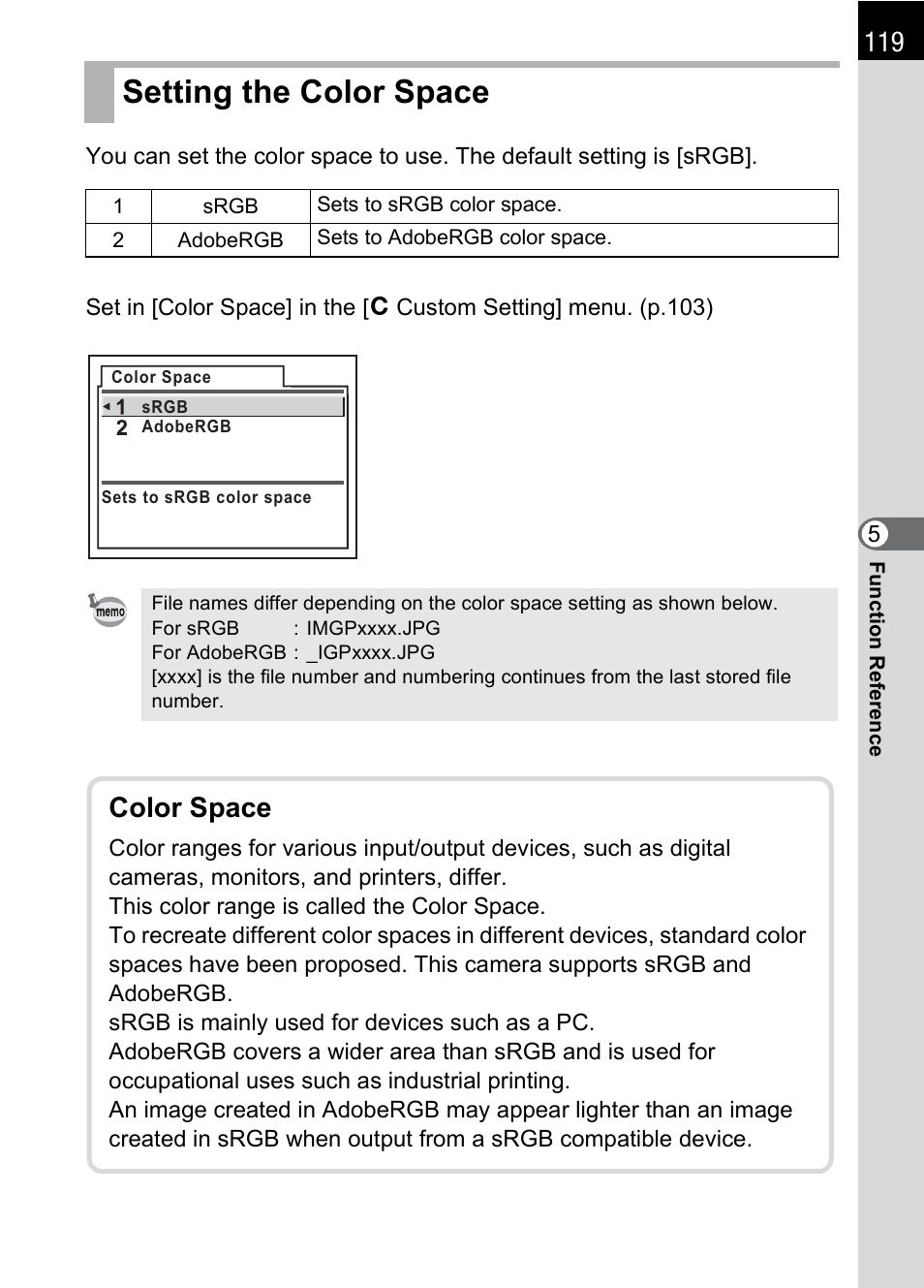 Setting the color space, P.119), P.119 | Color space | Pentax K110D User Manual | Page 121 / 216