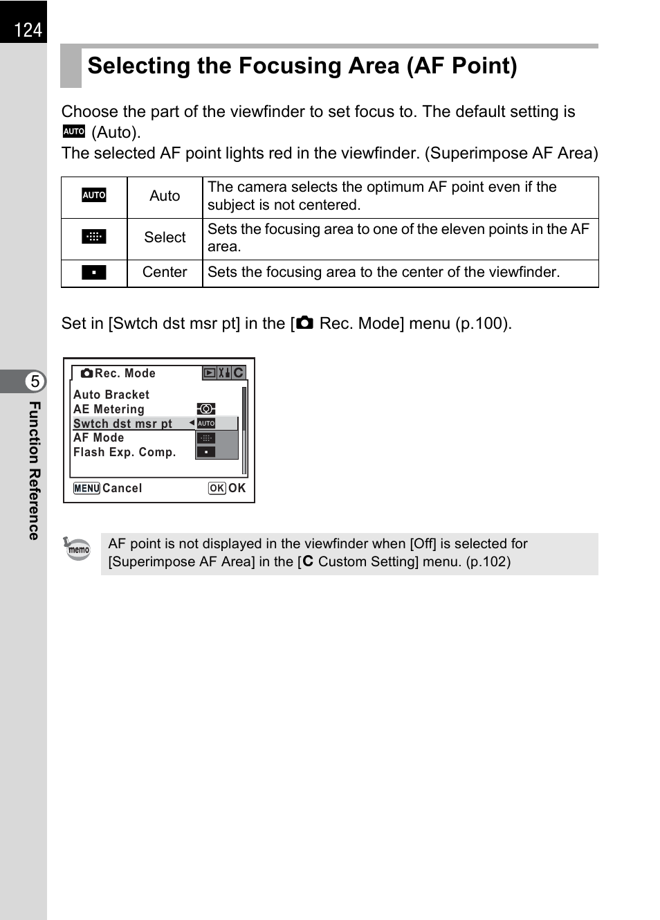 Selecting the focusing area (af point), Ng (p.124), P.124) | T (p.124), P.124, N (p.124, Selecting the focusing area (af, Point) (p.124) | Pentax K110D User Manual | Page 126 / 216