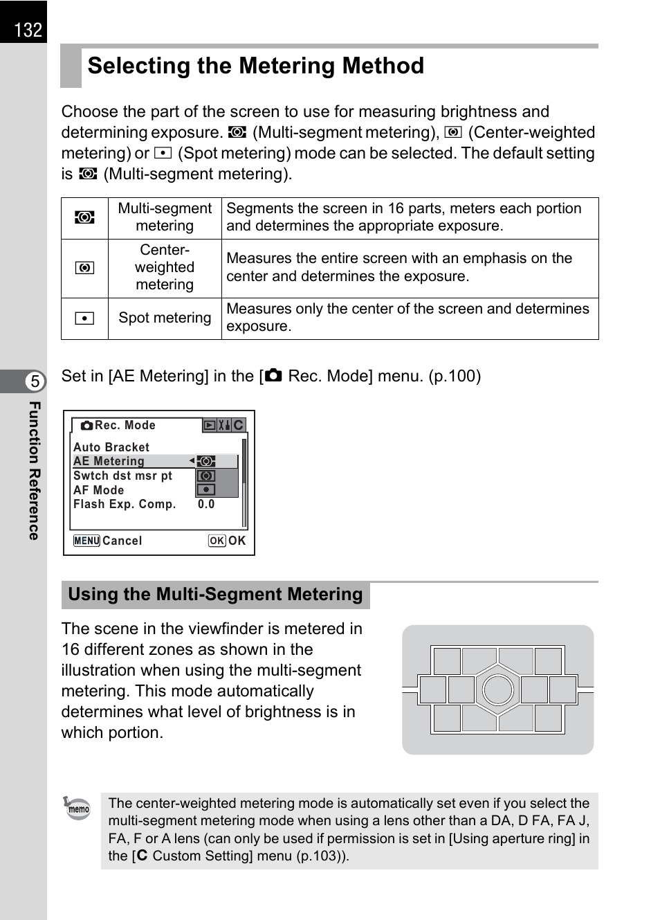 Selecting the metering method, P.132, P.132) | He [ae metering] s, Nu (p.132), Using the multi-segment metering | Pentax K110D User Manual | Page 134 / 216