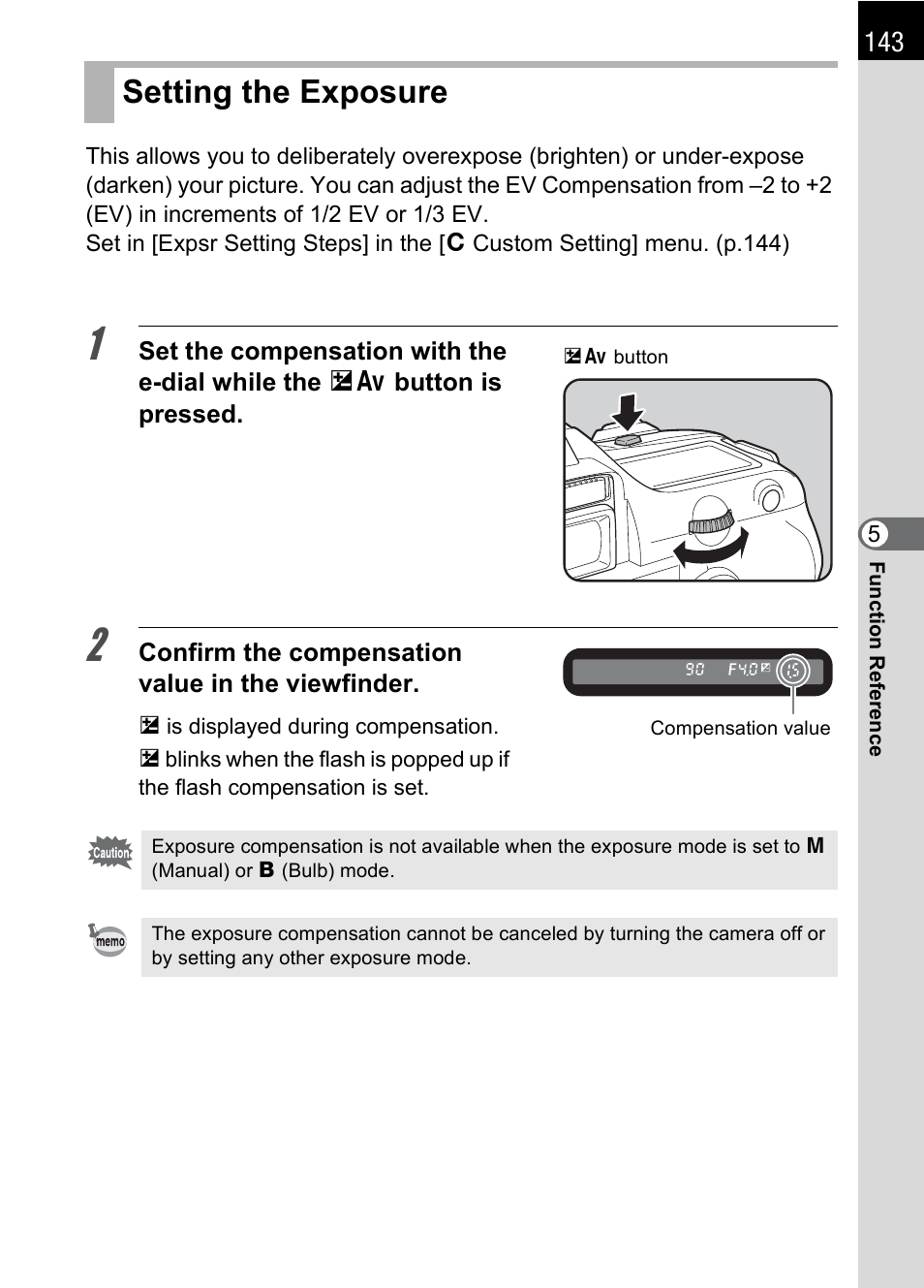 Setting the exposure, P.143), On (p.143) | Pentax K110D User Manual | Page 145 / 216