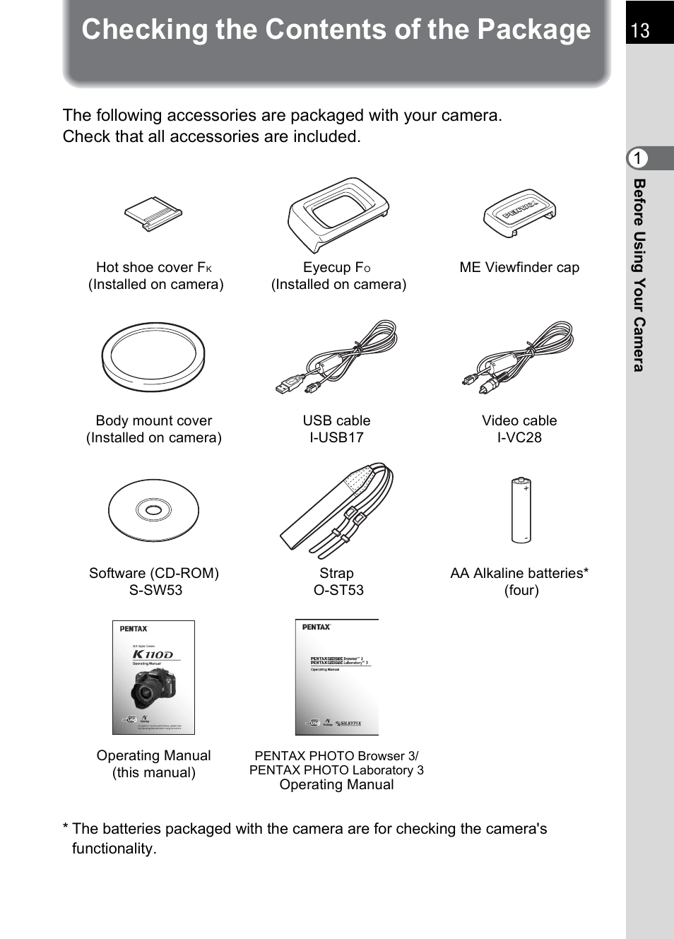 Checking the contents of the package | Pentax K110D User Manual | Page 15 / 216