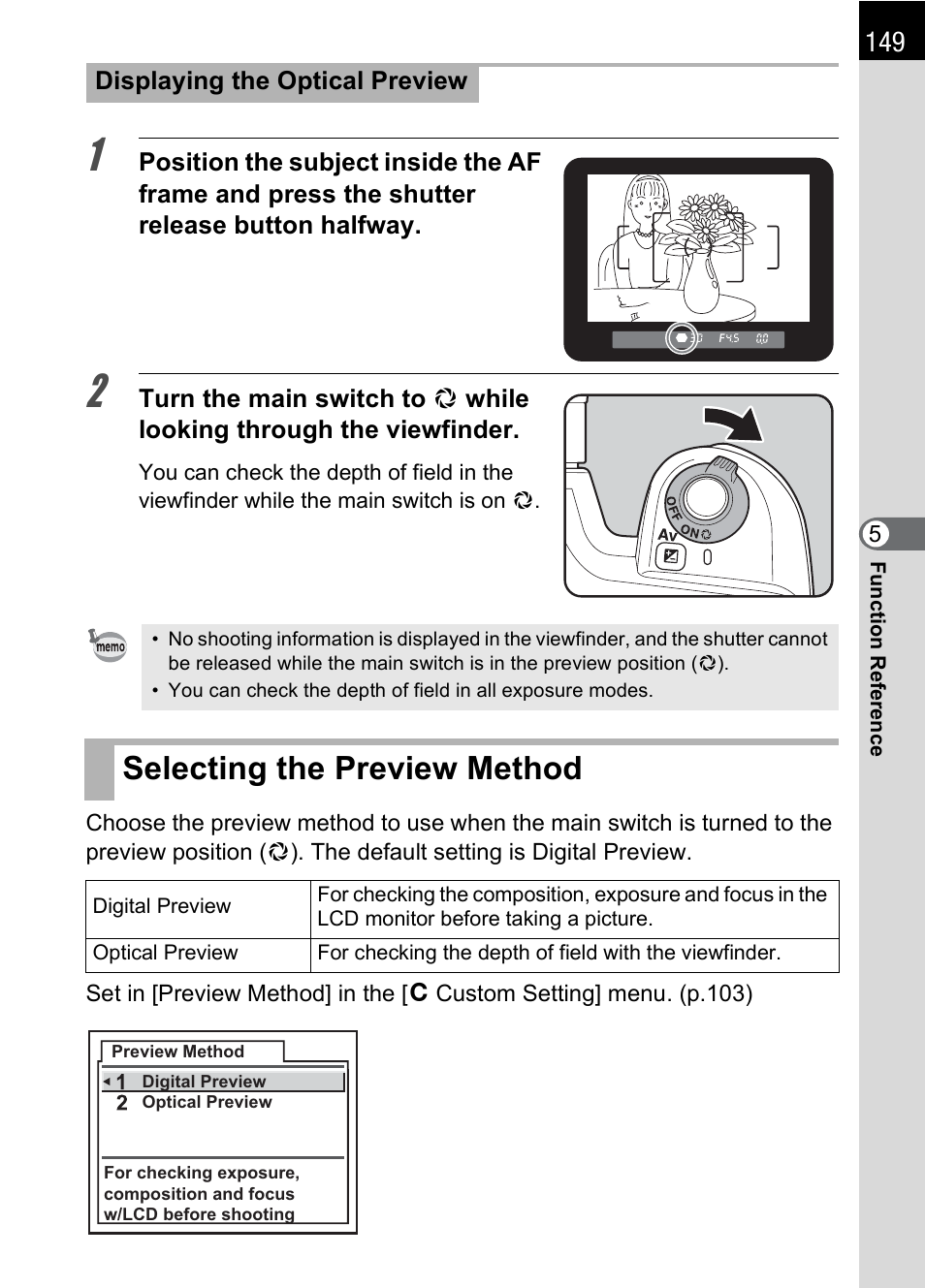 Selecting the preview method, P.149 | Pentax K110D User Manual | Page 151 / 216