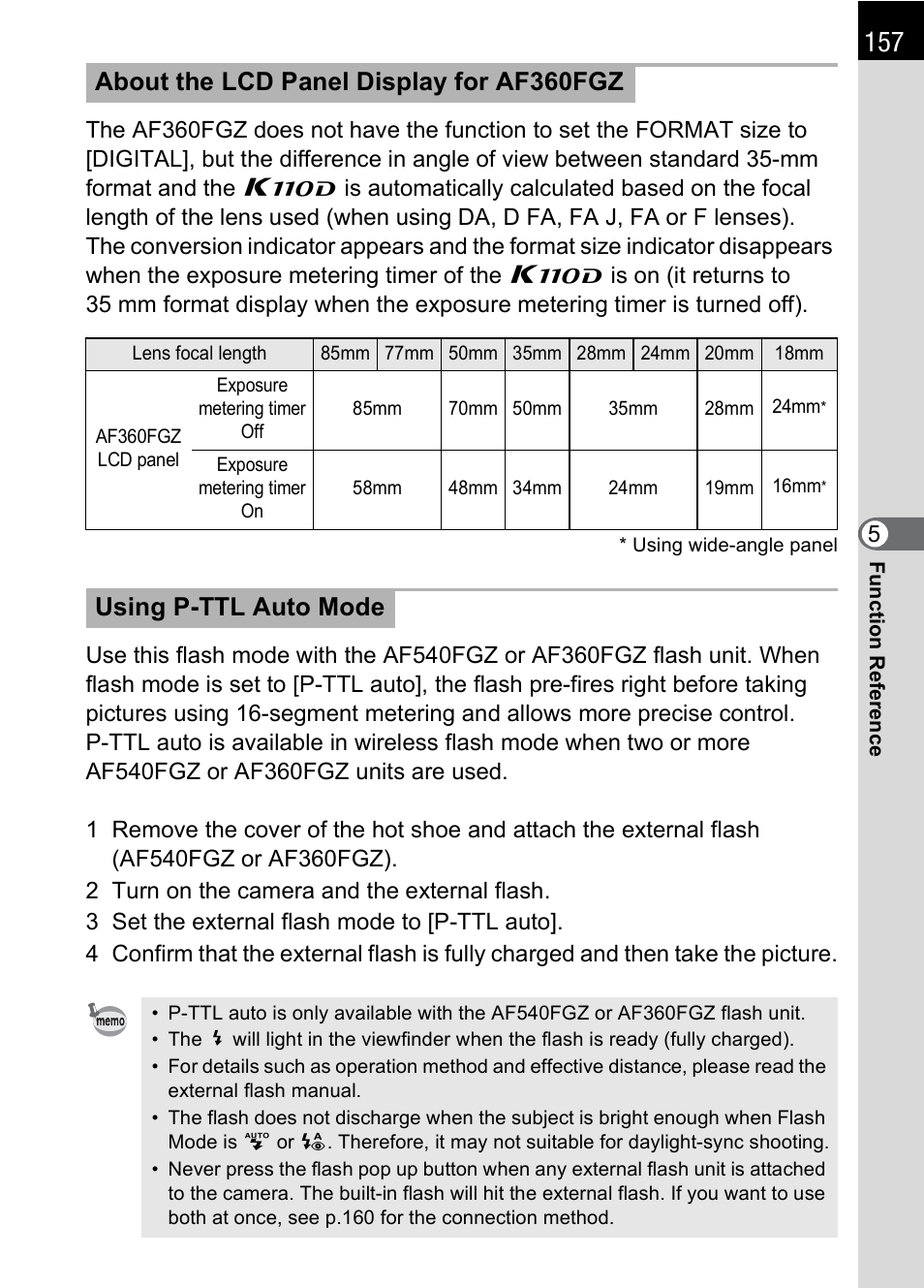 About the lcd panel display for af360fgz, Using p-ttl auto mode | Pentax K110D User Manual | Page 159 / 216