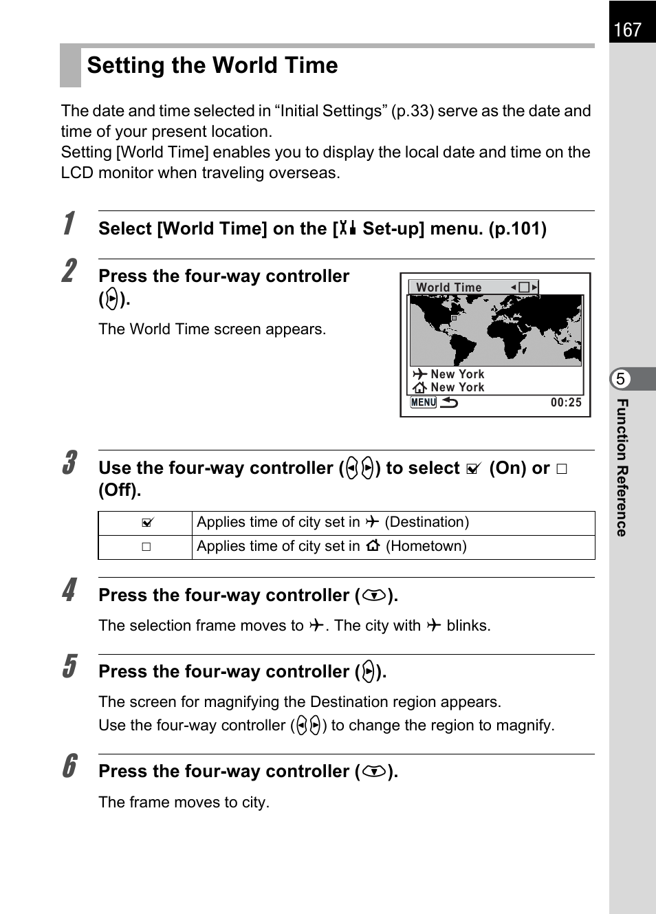 Setting the world time, P.167 | Pentax K110D User Manual | Page 169 / 216