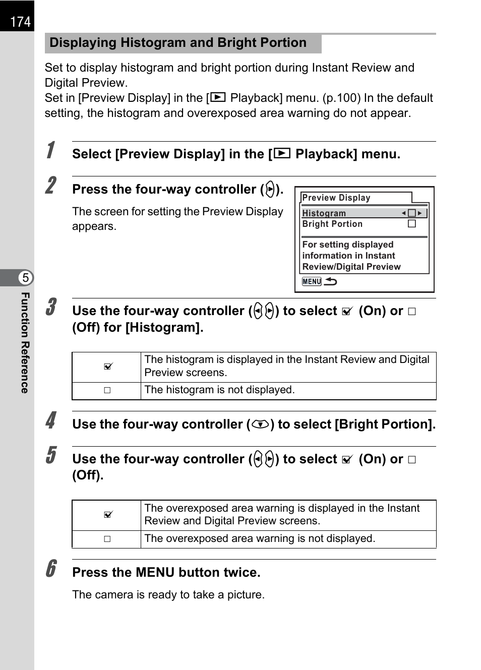 Displaying bright portion (p.174), Histogram display (p.174), P.174 | Pentax K110D User Manual | Page 176 / 216