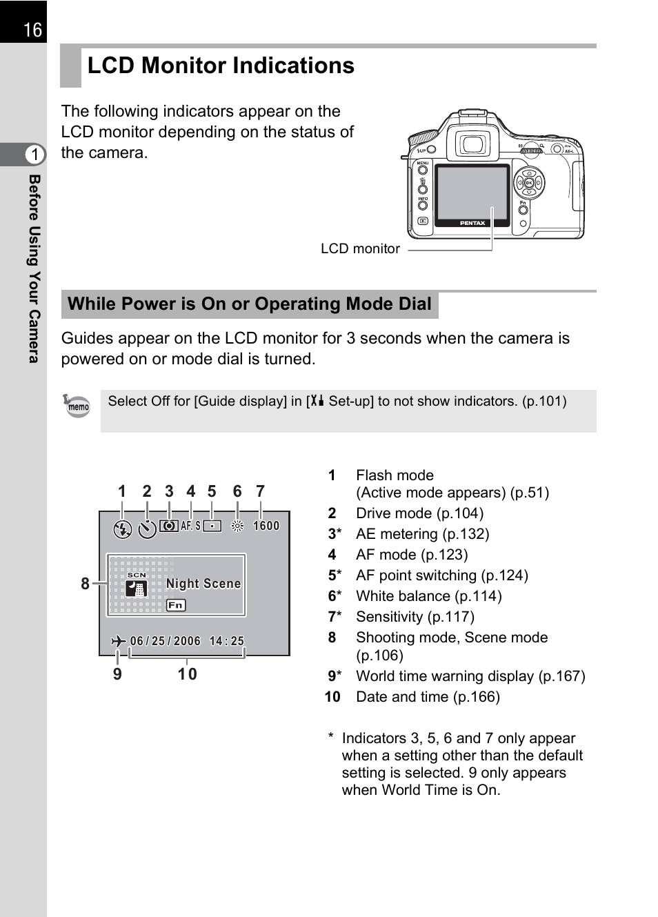 Lcd monitor indications, While power is on or operating mode dial | Pentax K110D User Manual | Page 18 / 216