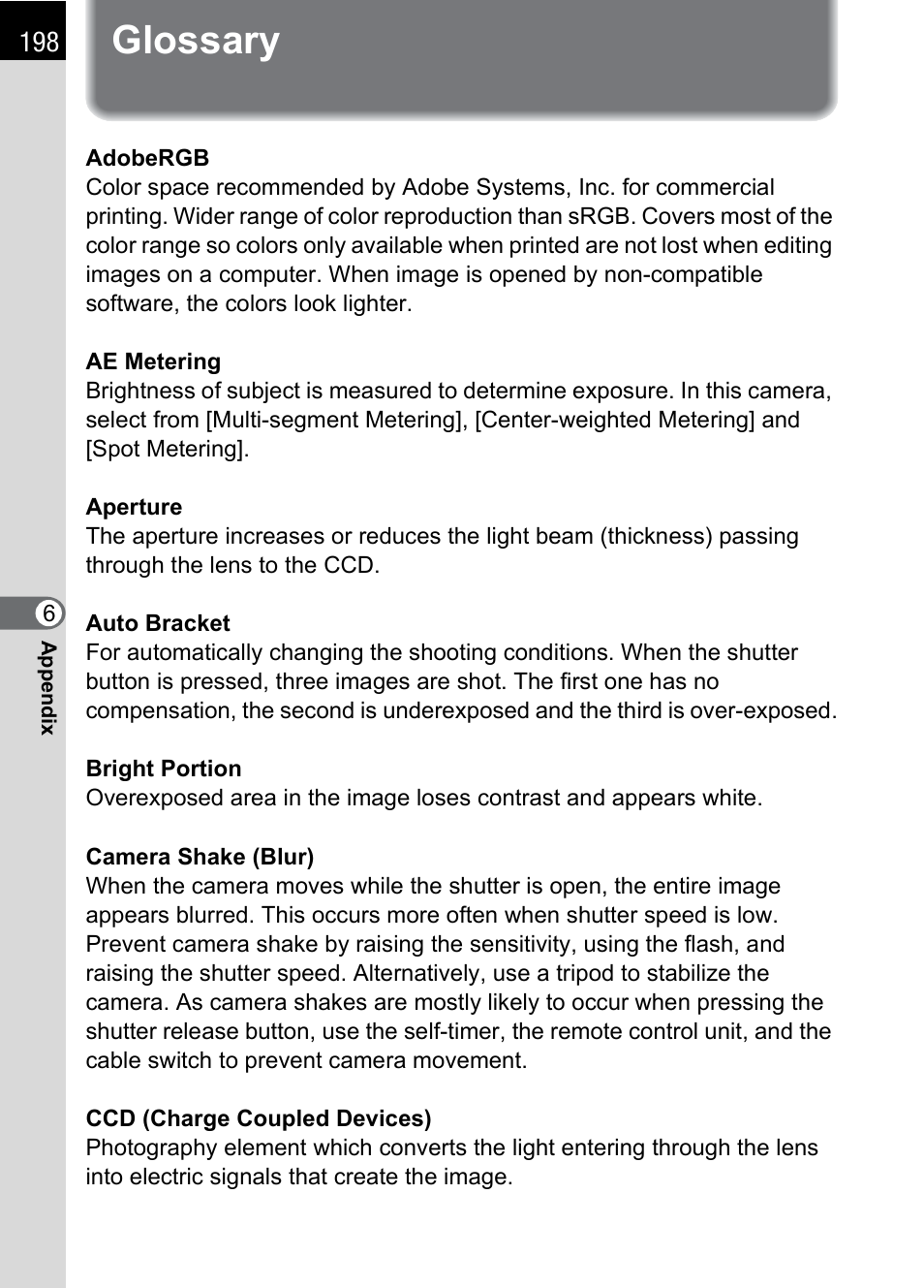 Glossary | Pentax K110D User Manual | Page 200 / 216