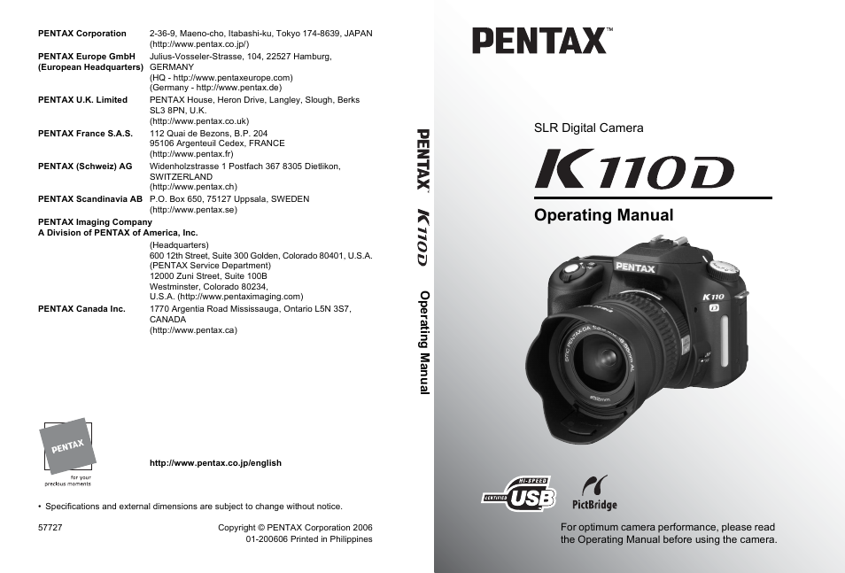 Operating manual, Opera ting m anual, Slr digital camera | Pentax K110D User Manual | Page 216 / 216